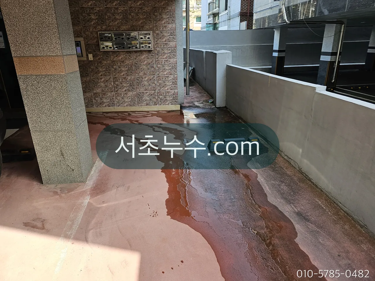 상가 복도 바닥을 따라 흐른 물 자국 — 주방에서 새어 나온 물이 복도까지 번진 현장