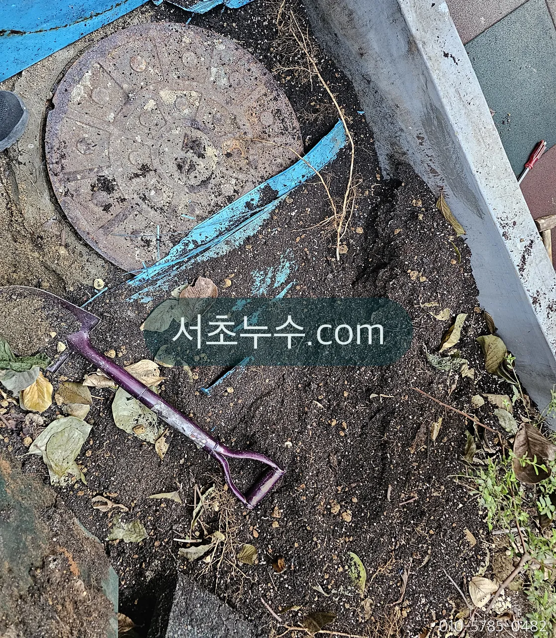 상부 조경 화단의 배수 맨홀에 쌓인 낙엽 — 막힌 조경 배수가 주차장 천장 누수의 흔한 출발점