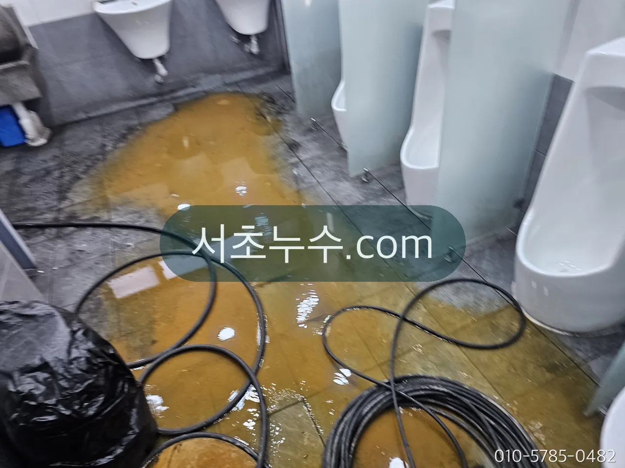상가 화장실 바닥에 물이 찬 모습