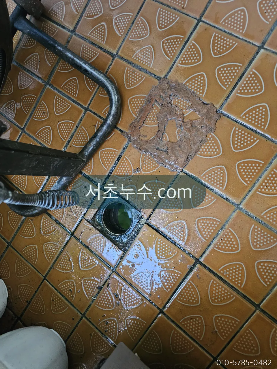 욕실 바닥 배수구를 열어 배수 계통을 점검하는 모습